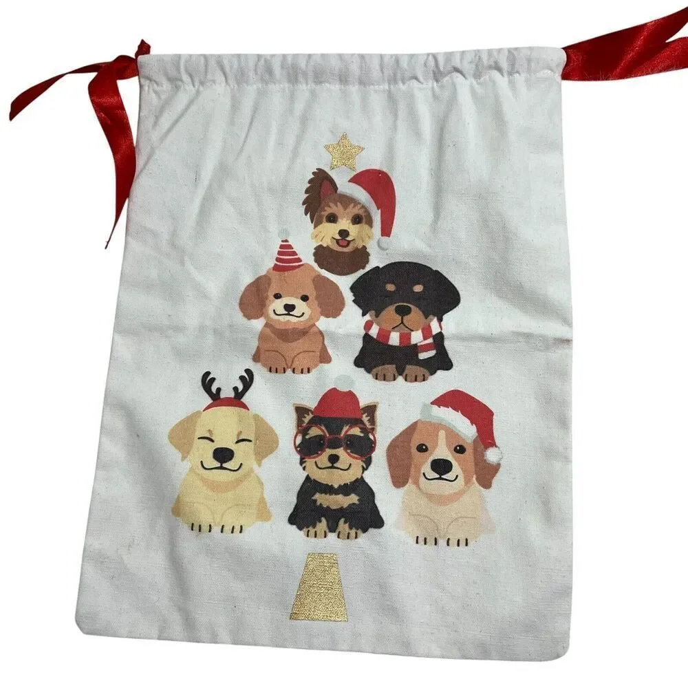 Woven Drawstring Holiday Puppy Dogs Christmas Gift Bag‎ 12